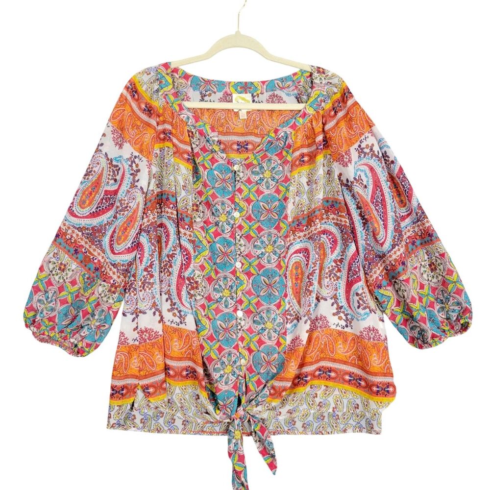 FIG & FLOWER Orange Multicolor Sheer Paisley Tie Waist Button Top Boho SIZE 2X